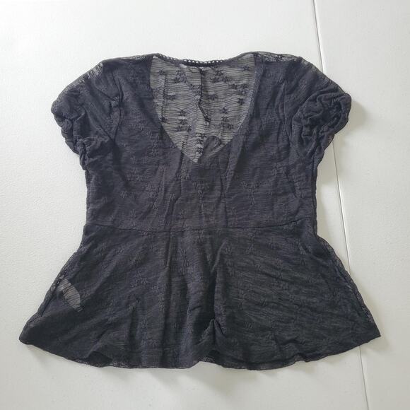 Y2K 90s Whimsigoth Goth Shirt Womens Medium Black Sheer Lace V Neck Tie Front - Picture 2 of 9